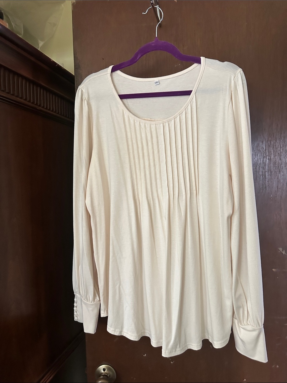 Cream Pleated Front Long-Sleeve Tunic Top